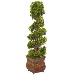 Indoor/Outdoor English Ivy Spiral Artificial Tree In Metal Planter, UV Resistant