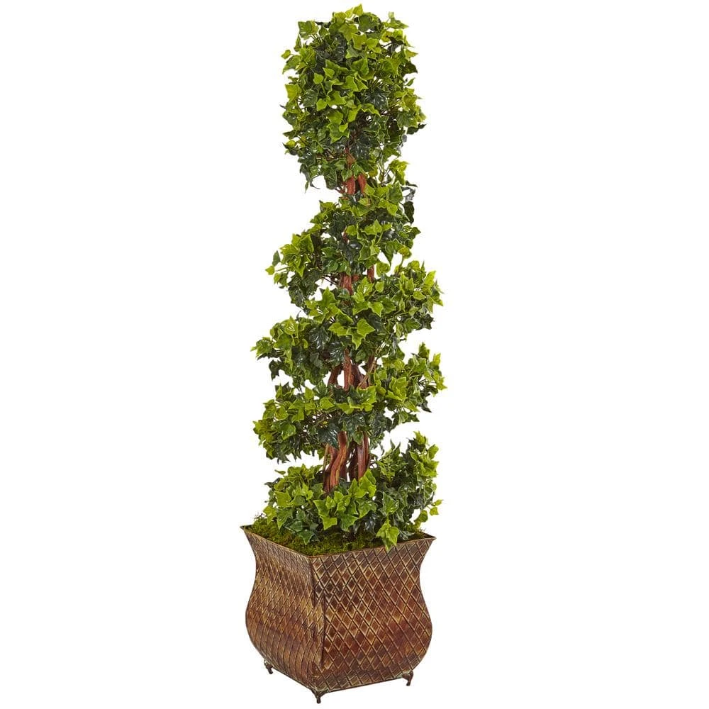 Indoor/Outdoor English Ivy Spiral Artificial Tree In Metal Planter, UV Resistant 3 Indoor/Outdoor English Ivy Spiral Artificial Tree In Metal Planter, UV Resistant
