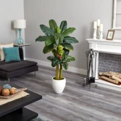 5 Ft. Artificial Double Stalk Banana Tree In White Planter -Artificial nearly natural artificial trees 5967 1f 1000