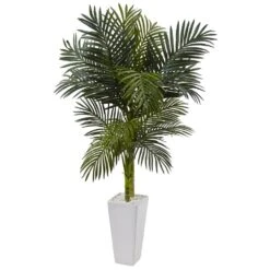 Indoor 5 Ft. Golden Cane Palm Artificial Tree In White Tower Planter