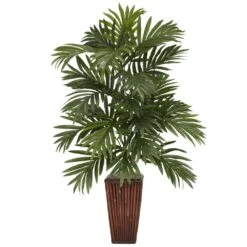 Indoor 32 In. Artificial H Green Areca Palm With Bamboo Vase Silk Plant