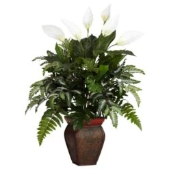 29 In. Artificial H Green Mixed Greens With Spathiphyllum And Decorative Vase Silk Plant