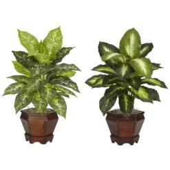 20.5 In. Artificial Tabletop H Green Dieffenbachia With Wood Vase Silk Plant (Set Of 2)