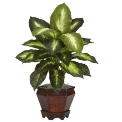 20.5 In. Artificial H Green Dieffenbachia With Wood Vase Silk Plant (Set Of 2) -Artificial nearly natural artificial tropical plants 6712 gd s2 31 1000