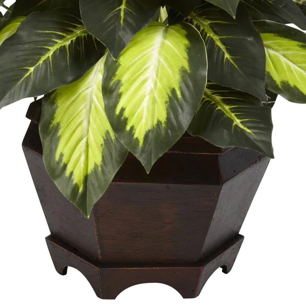 Artificial Triple Golden Dieffenbachia With Wood Vase 5 Artificial Triple Golden Dieffenbachia With Wood Vase - Image 3
