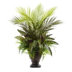 27 In. Artificial Mixed Areca Palm, Fern And Peacock With Planter