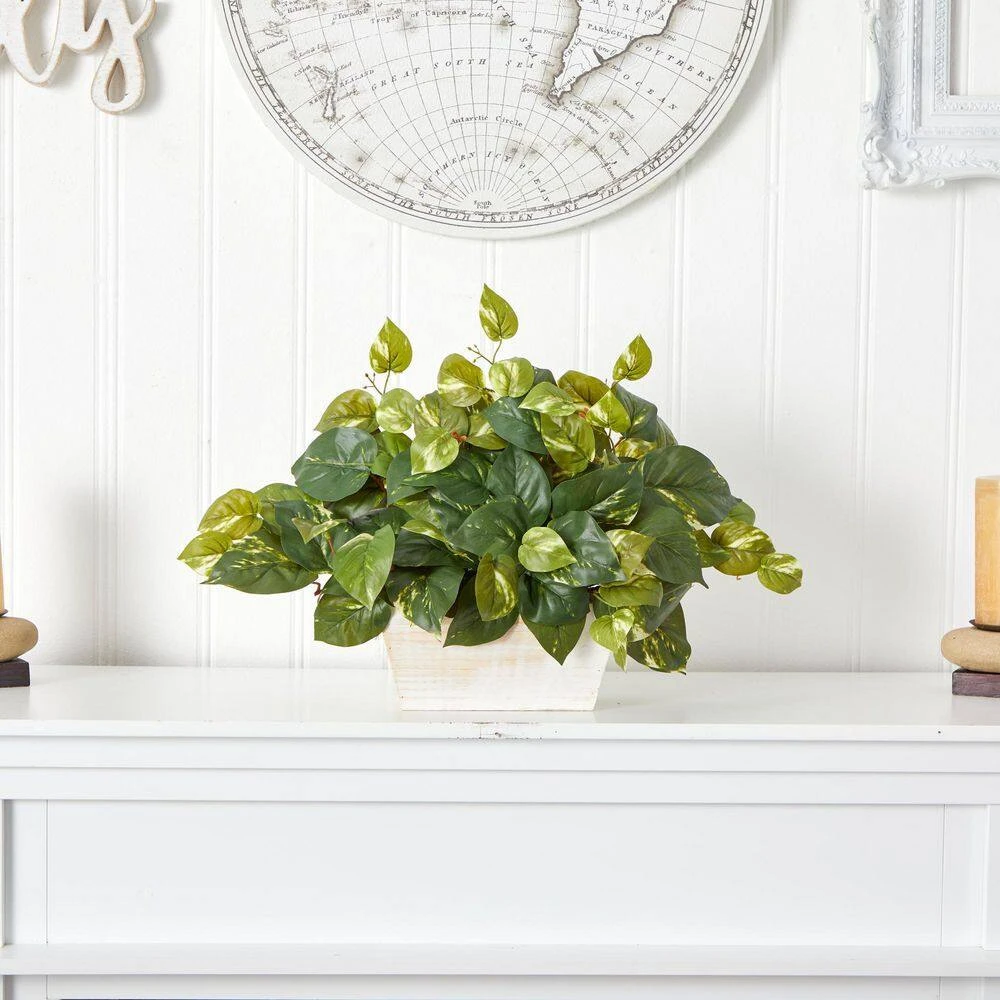 14 In. Artificial H Green Pothos With White Wash Planter Silk Plant 6 14 In. Artificial H Green Pothos With White Wash Planter Silk Plant - Image 4