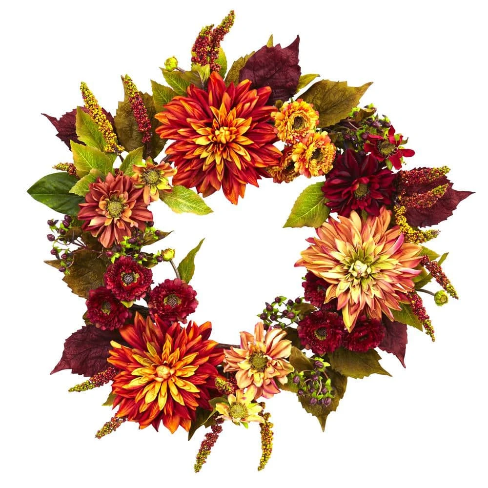 Dahlia And Mum 22 In. Artificial Wreath 3 Dahlia And Mum 22 In. Artificial Wreath