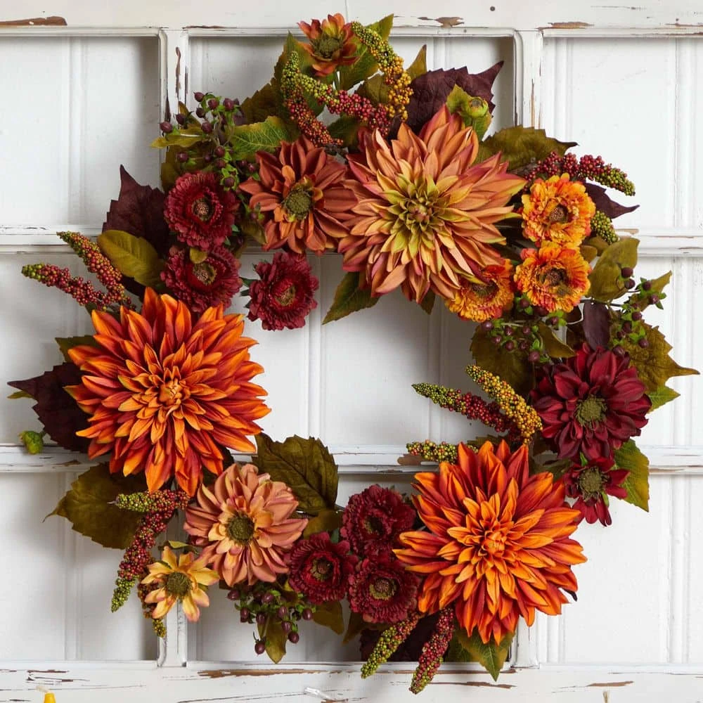 Dahlia And Mum 22 In. Artificial Wreath 4 Dahlia And Mum 22 In. Artificial Wreath - Image 2