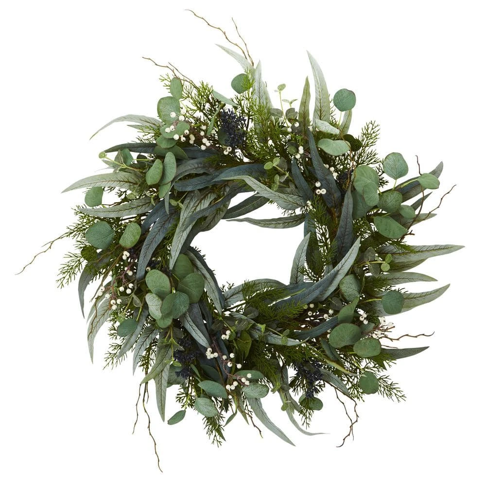 24 In. Indoor Eucalyptus And Mixed Greens Artificial Wreath 3 24 In. Indoor Eucalyptus And Mixed Greens Artificial Wreath