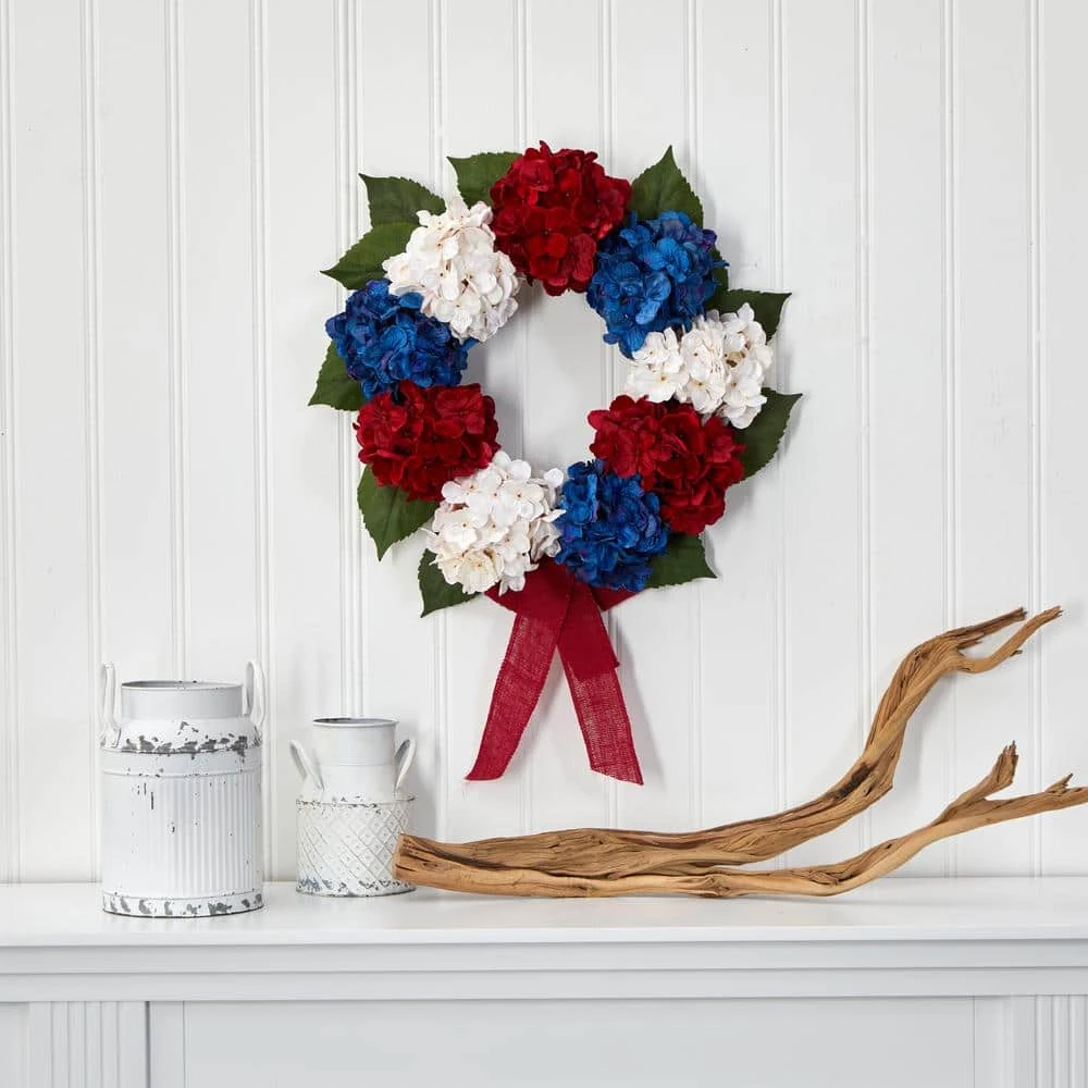 24 In. Red, White And Blue Americana Hydrangea Artificial Wreath 5 24 In. Red, White And Blue Americana Hydrangea Artificial Wreath - Image 3