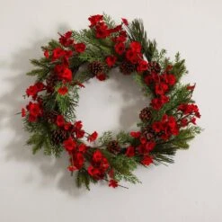 24 In. Artificial Plum Blossom Pine Wreath 10 24 In. Artificial Plum Blossom Pine Wreath -Artificial nearly natural decorative wreaths 4551 1f 1000