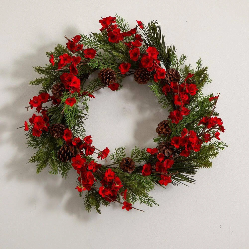 24 In. Artificial Plum Blossom Pine Wreath 6 24 In. Artificial Plum Blossom Pine Wreath - Image 4