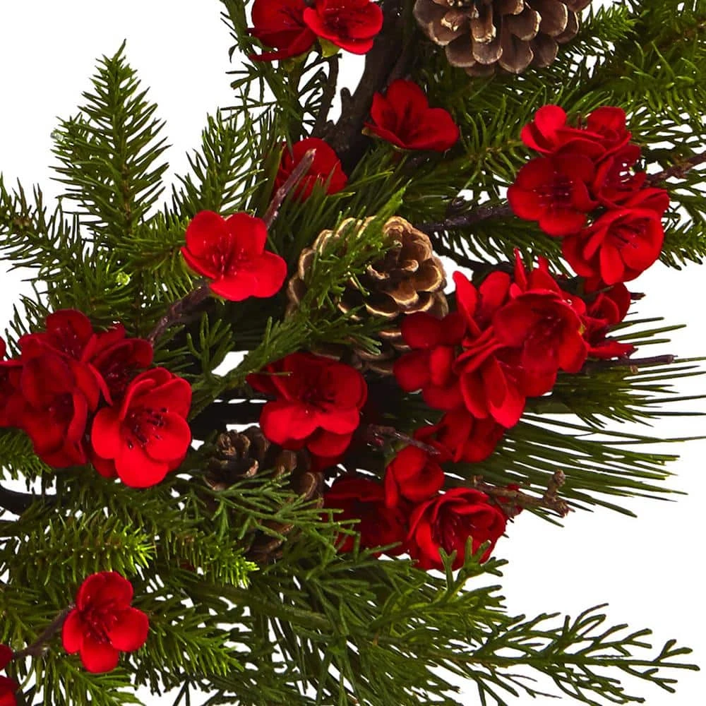 24 In. Artificial Plum Blossom Pine Wreath 5 24 In. Artificial Plum Blossom Pine Wreath - Image 3