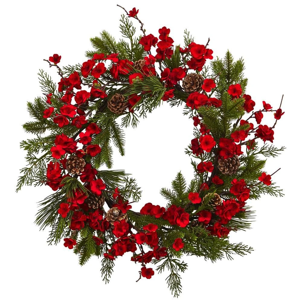 24 In. Artificial Plum Blossom Pine Wreath 3 24 In. Artificial Plum Blossom Pine Wreath