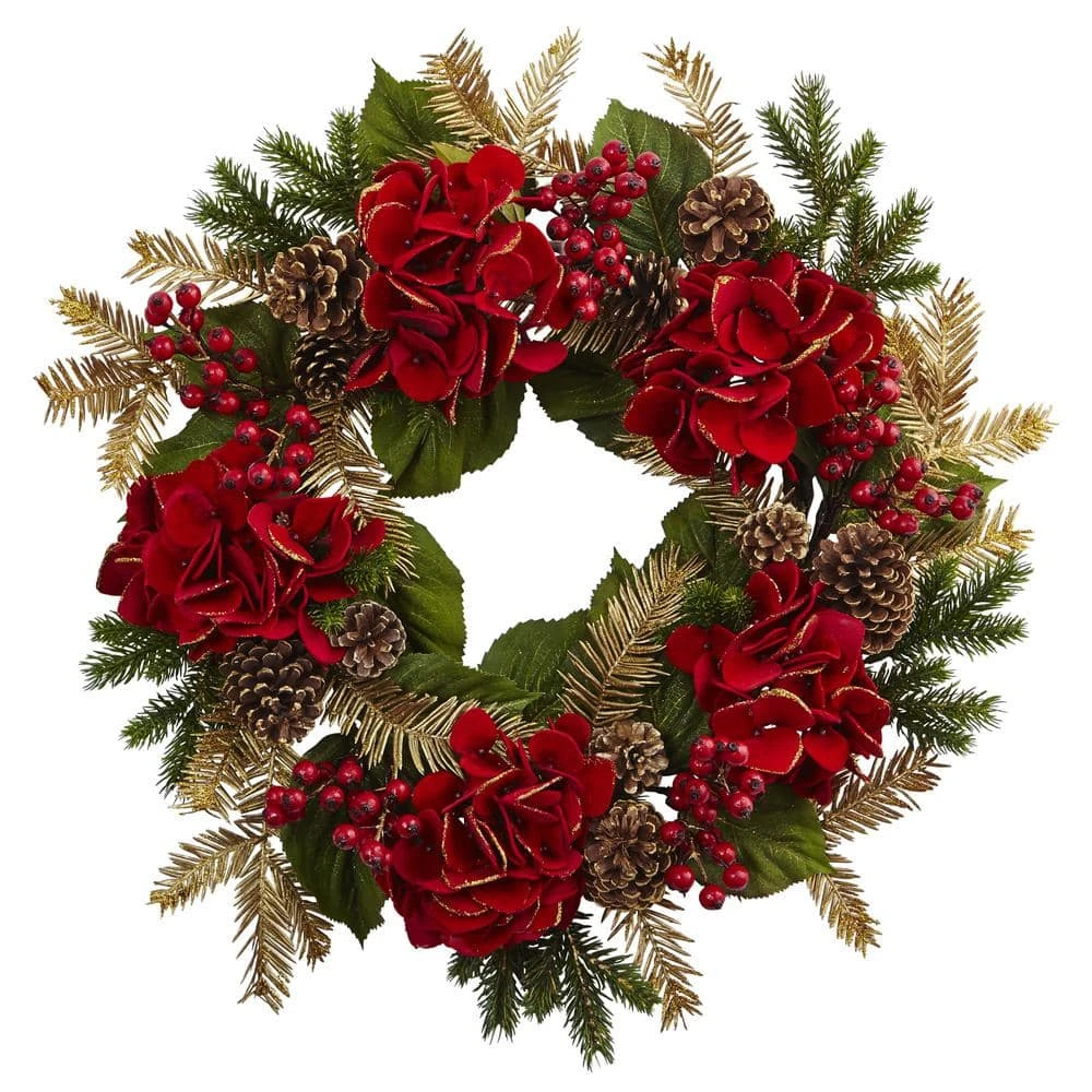 24 In. Artificial Hydrangea Pine Wreath 3 24 In. Artificial Hydrangea Pine Wreath
