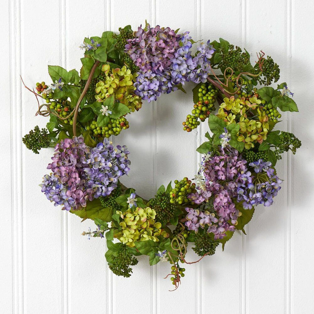 24 In. Artificial Mixed Hydrangea Silk Plant Wreath 4 24 In. Artificial Mixed Hydrangea Silk Plant Wreath - Image 2